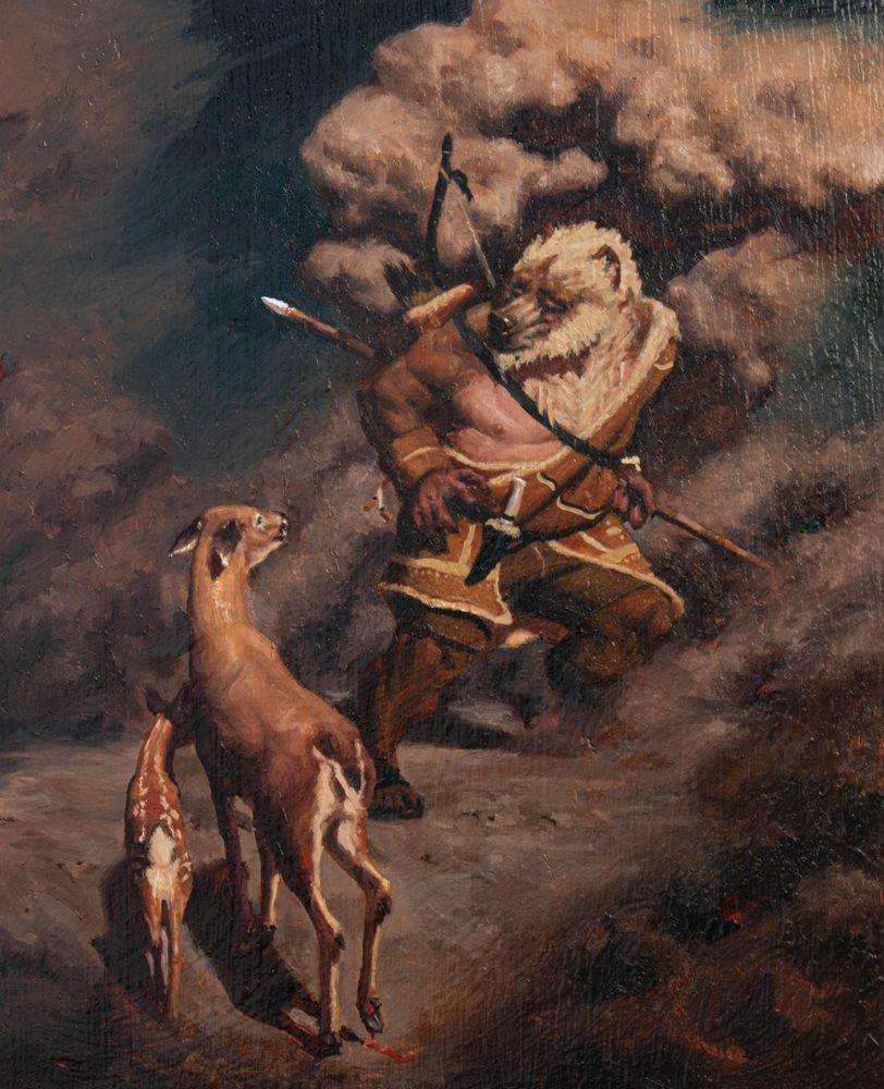 Within a dense cloud of dust, a wounded doe stands between its fawn and an unprepared Ursine hunter, hesitant to draw his blade.