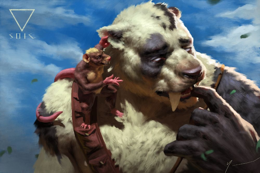 Randall, a brown rat, stands on the shoulder of an uncertain, mutant panda creature, whispering words of encouragement. 