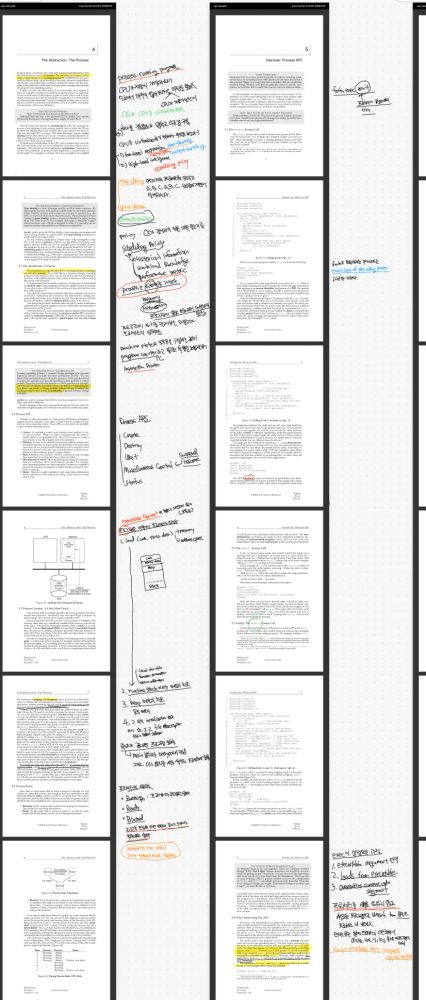FigJam을 키고 필기한 흔적. Import Pdf to Figma 위젯에다가 OSTEP pdf 교재를 업로드해놓으면, 아래로 각각의 PDF 페이지가 펼쳐진다. 위아래로 스크롤하면서 필기를 하기가 괜찮다.