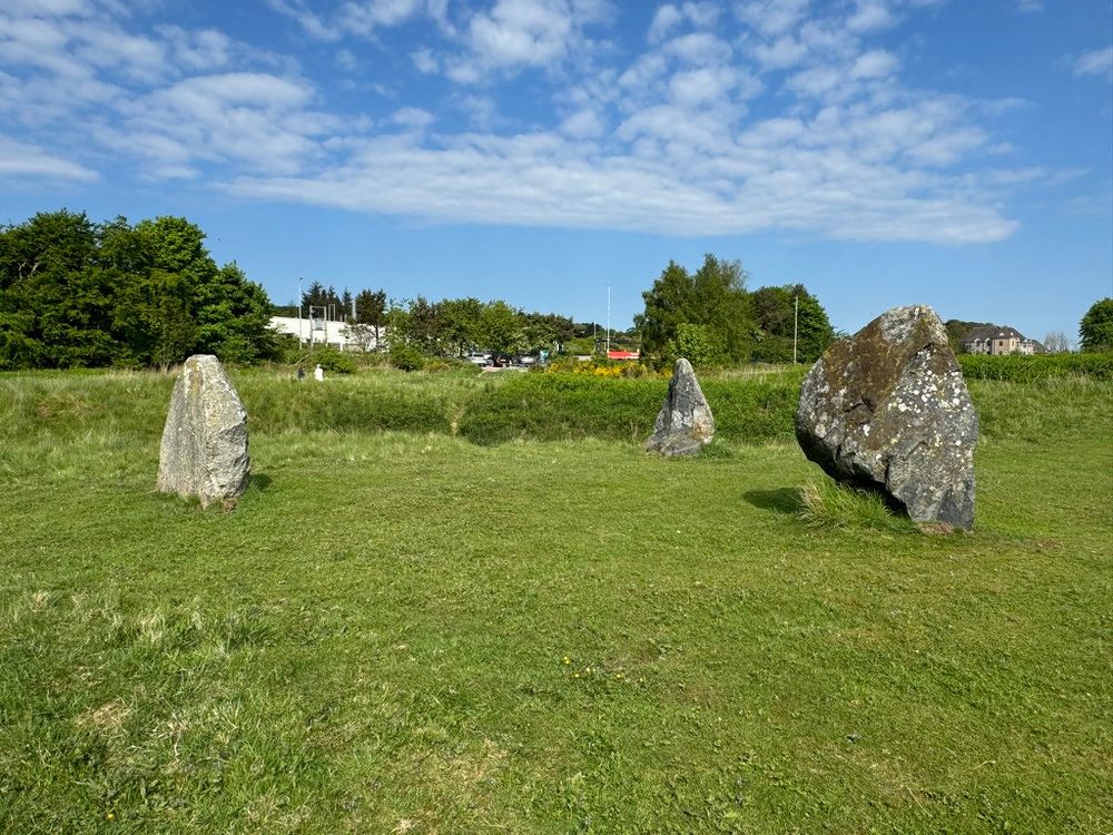 The three remaining standing stones in the henge at the Broomend of Crichie.