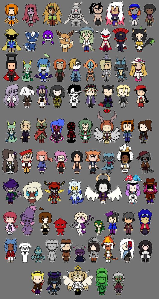 a bunch of little guys drawn in a chibi style. very prominent use of the symmetry tool