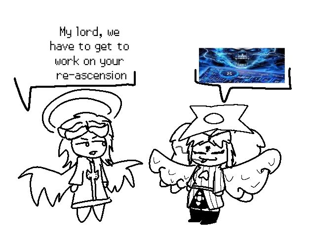 Little silly black and white cartoon rendition of Mastema and YHVH based on an rp setting I'm in