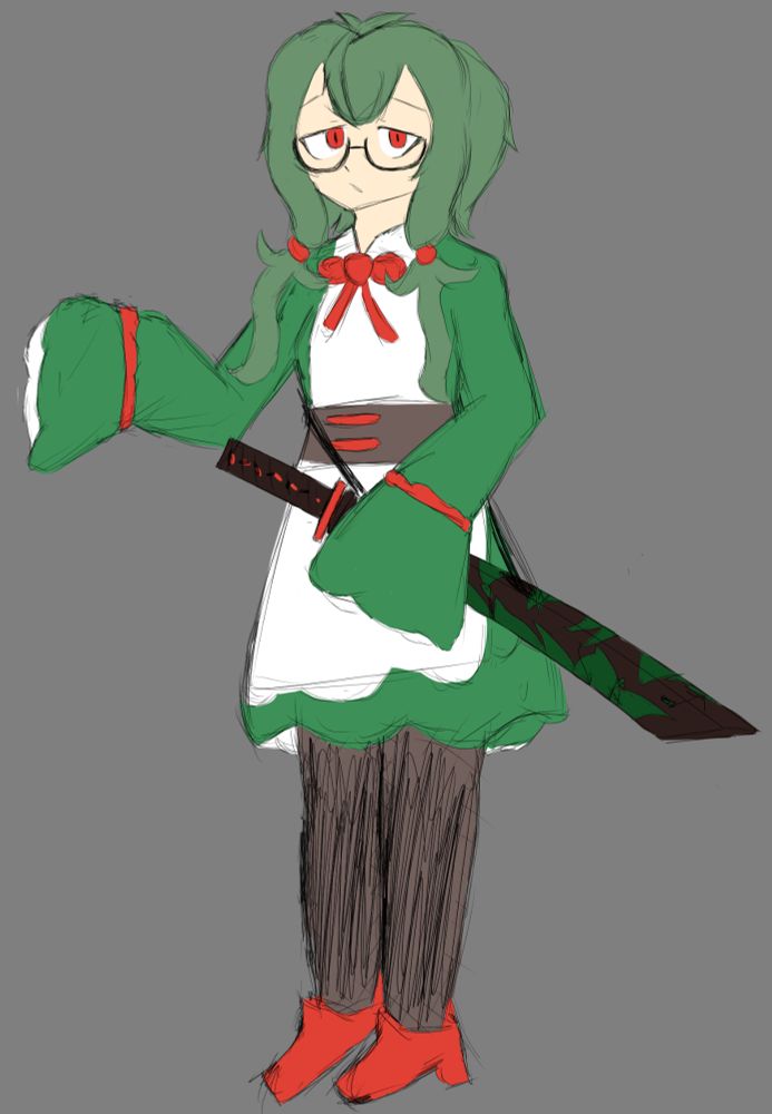 A green-haired girl wearing glasses and a green-and-white floral dress, carrying a sheathed sword