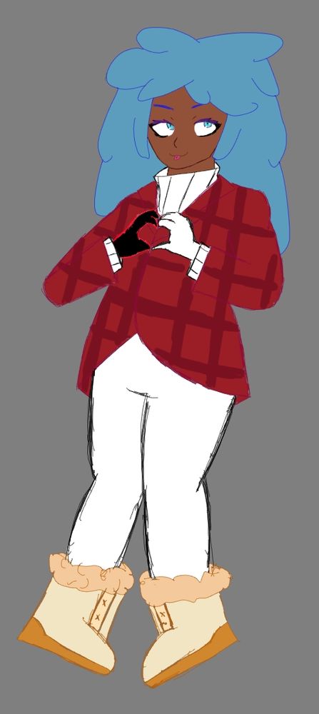 A cartoon drawing of a girl doing a heart shape with her strange-looking hands. She has blue poofy hair, a red flannel sweater, white comfy pants and what I assume ugg boots look like. She's sticking out her tongue playfully