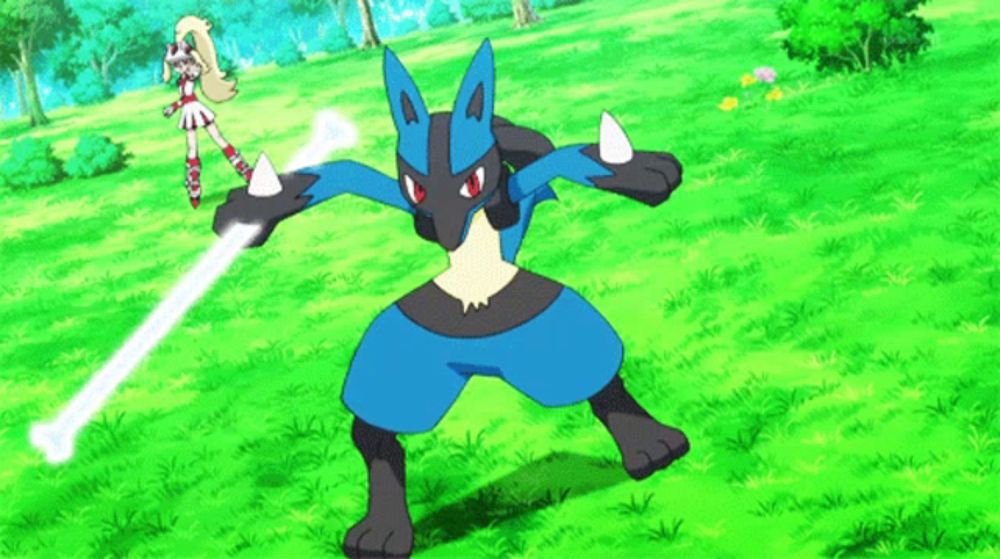 a pokemon is standing in the grass holding a sword while a girl stands behind it .