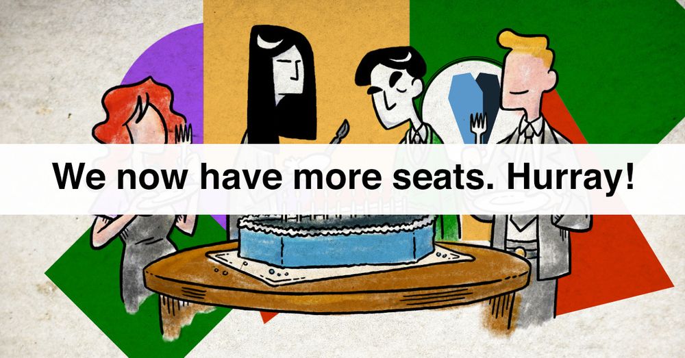 The Birthday Special Image - Bright colours and the Wooden Overcoats logo in the background. Drawings of Georgie, Antigone, Rudyard and Chapman around a table which has a blue coffin shaped cake upon it with 10 candles, they have forks ready and Antigone is about to cut the cake with a scalpel . Text across the image reads: "We now have more seats. Hurray!"