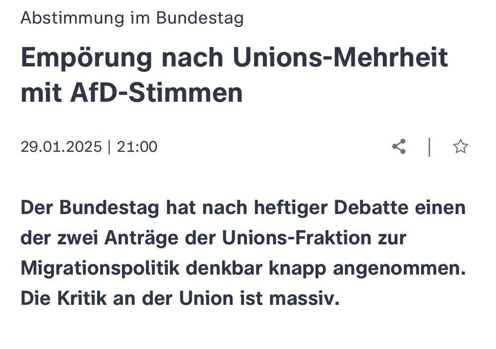 Abstimmung im Bundestag
Empörung nach Unions-Mehrheit
mit AfD-Stimmen
29.01.2025 | 21:00
Der Bundestag hat nach heftiger Debatte einen der zwei Anträge der Unions-Fraktion zur Migrationspolitik denkbar knapp angenommen.
Die Kritik an der Union ist massiv.