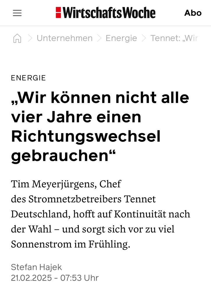 ENERGIE
„Wir können nicht alle vier Jahre einen Richtungswechsel gebrauchen“
Tim Meyerjürgens, Chef des Stromnetzbetreibers Tennet Deutschland, hofft auf Kontinuität nach der Wahl – und sorgt sich vor zu viel Sonnenstrom im Frühling.
Stefan Hajek