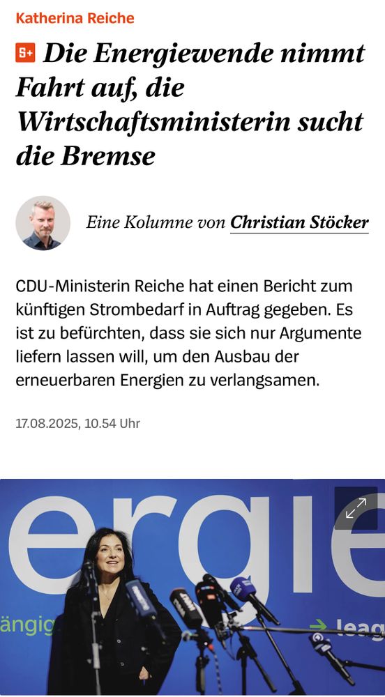 Katherina Reiche

Die Energiewende nimmt Fahrt auf, die Wirtschaftsministerin sucht die Bremse

 Christian Stöcker
Eine Kolumne von Christian Stöcker
CDU-Ministerin Reiche hat einen Bericht zum künftigen Strombedarf in Auftrag gegeben. Es ist zu befürchten, dass sie sich nur Argumente liefern lassen will, um den Ausbau der erneuerbaren Energien zu verlangsamen.
