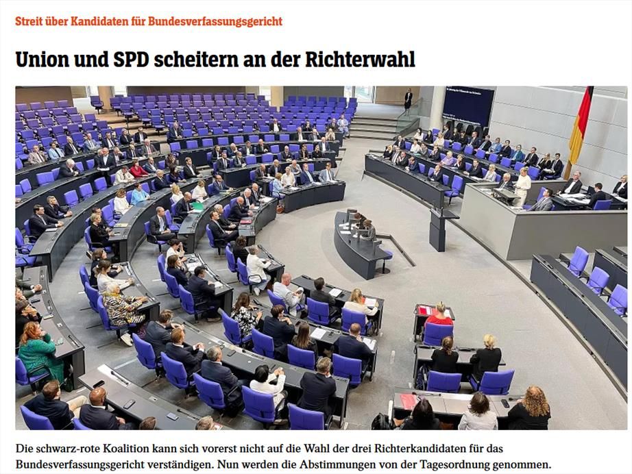 DER SPIEGEL: Streit über Kandidaten für Bundesverfassungsgericht
Union und SPD scheitern an der Richterwahl
Die schwarz-rote Koalition kann sich vorerst nicht auf die Wahl der drei Richterkandidaten für das Bundesverfassungsgericht verständigen. Nun werden die Abstimmungen von der Tagesordnung genommen.