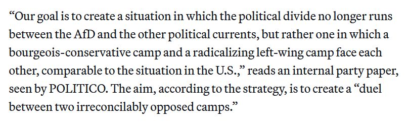 "Our goal is to create a situation in which the political divide no longer runs between the AfD and the other political currents, but rather one in which a bourgeois-conservative camp and a radicalizing left-wing camp face each other, comparable to the situation in the U.S.," reads an internal party paper, seen by POLITICO. The aim, according to the strategy, is to create a "duel between two irreconcilably opposed camps."