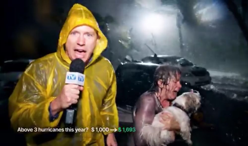 Video stilll with Ai generated „reporter“ in a hurricane, woman with little dog, screaming