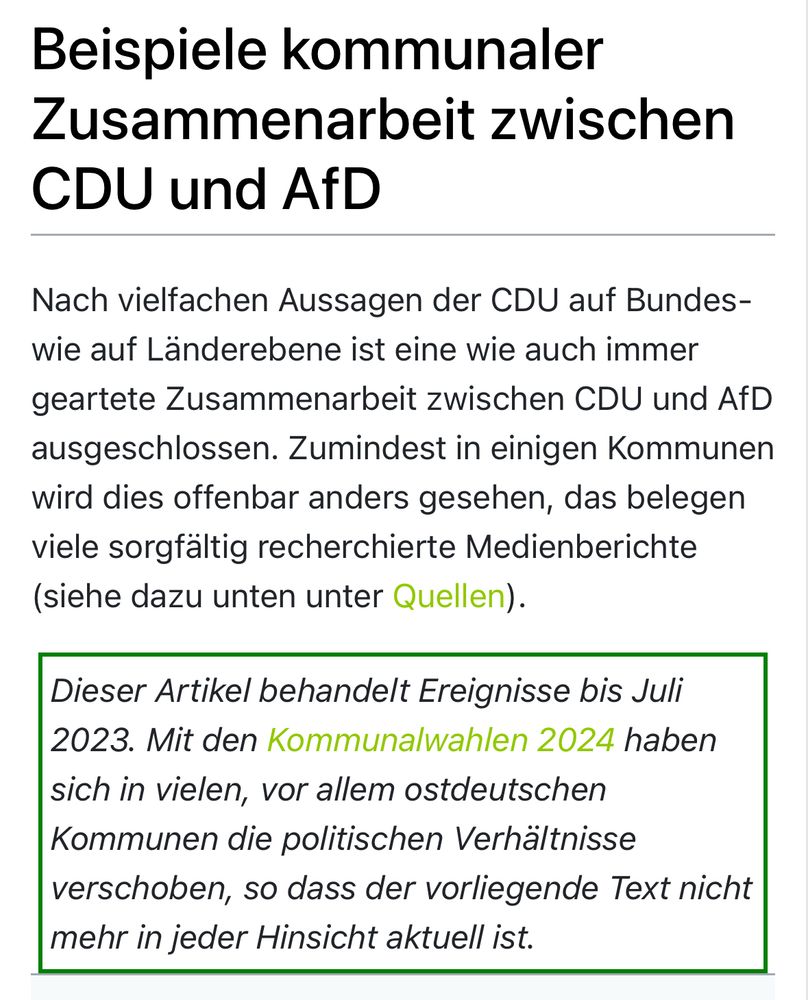Beispiele kommunaler Zusammenarbeit zwischen
CDU und AfD
Nach vielfachen Aussagen der CDU auf Bundes-wie auf Länderebene ist eine wie auch immer geartete Zusammenarbeit zwischen CDU und AfD ausgeschlossen. Zumindest in einigen Kommunen wird dies offenbar anders gesehen, das belegen viele sorgfältig recherchierte Medienberichte (siehe dazu unten unter Quellen).