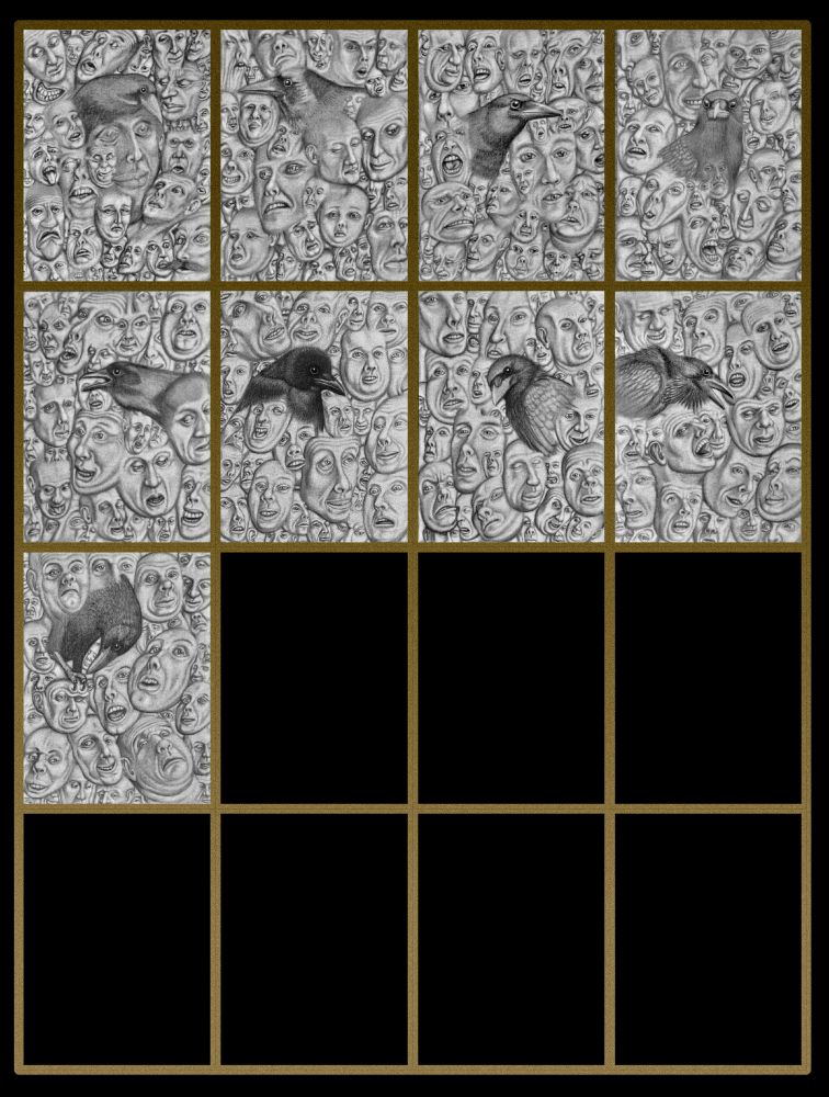 Nine panels of my drawing project titled, "All The Faces The Crow Remembers." 7 panels left to go. There will be a total of 16. Each panel is 9"x 12"(23.9 x 30.5cm). Charcoal on paper. The finished size will be roughly 36"x 48". 