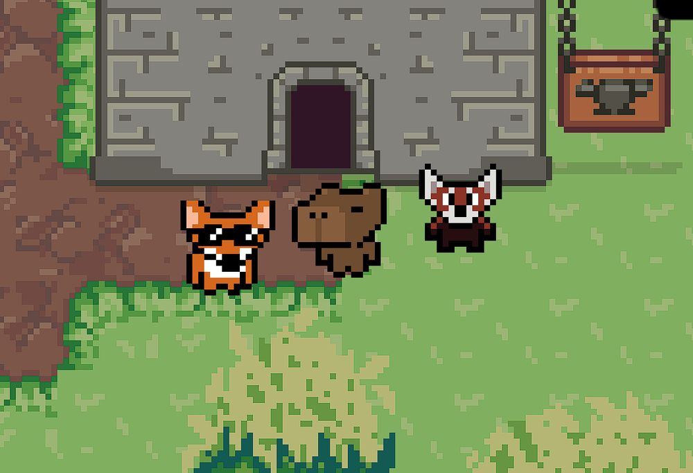 humanized fox with sunglasses, humanized capybara, humanized red panda, grass, dirt and a building with an anvil sign