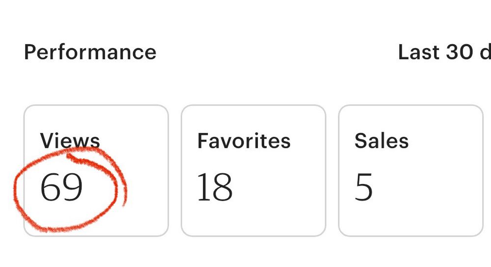 A screenshot of the Etsy sales dashboard which shows that the Twin Pattern has been viewed 69 times (the 69 is circled red)