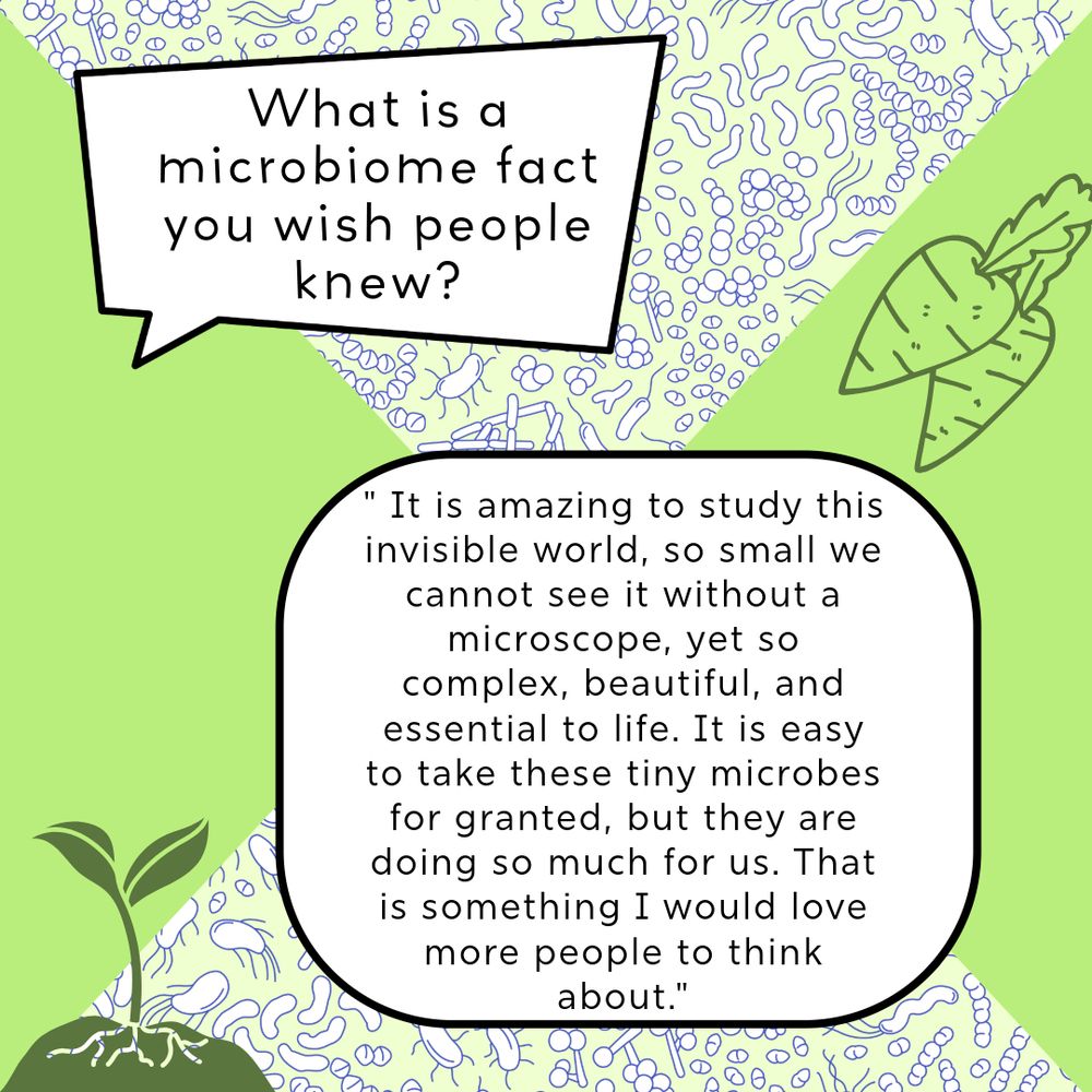Speech bubble: What is a microbiome fact you wish people knew? Speech bubble: " It is amazing to study this invisible world, so small we cannot see it without a microscope, yet so complex, beautiful, and essential to life. It is easy to take these tiny microbes for granted, but they are doing so much for us. That is something I would love more people to think about." 