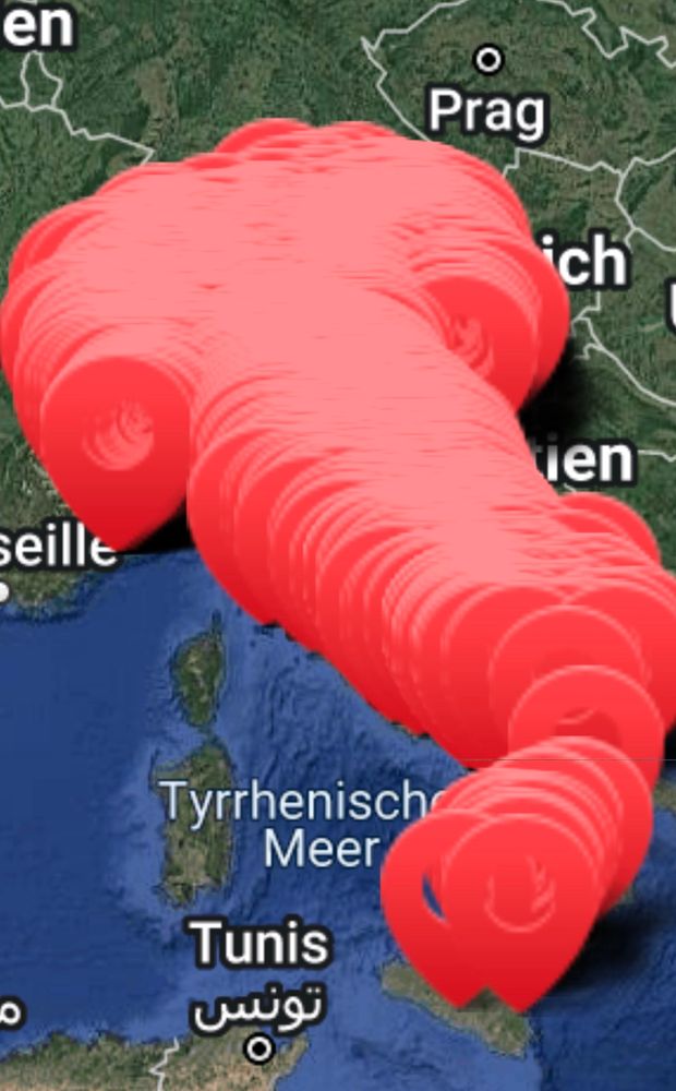 Eine Landkarte, auf der Italien von vielen roten Markern fast vollständig überdeckt ist. 