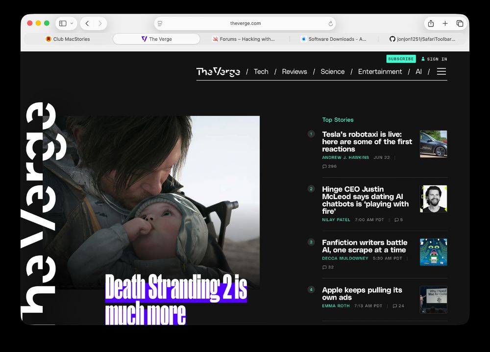A photo of the verge's website in Safari running macOS Tahoe. Using the Safari extension I made you have a more traditional gray background. Currently in the betas it changes colors depending on the webpage your on.