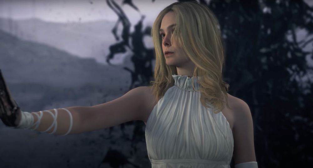 A screenshot from the Death Stranding 2 launch trailer. Showing Elle Fanning in the game. 