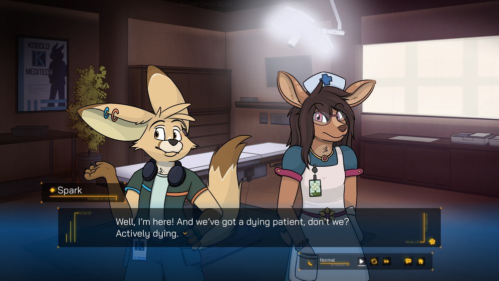 Screenshot of Cutting Edge. An anthro fennec and deer are in frame, and the fennec (Spark) is saying, "Well, I'm here! And we've got a dying patient, don't we? Actively dying."