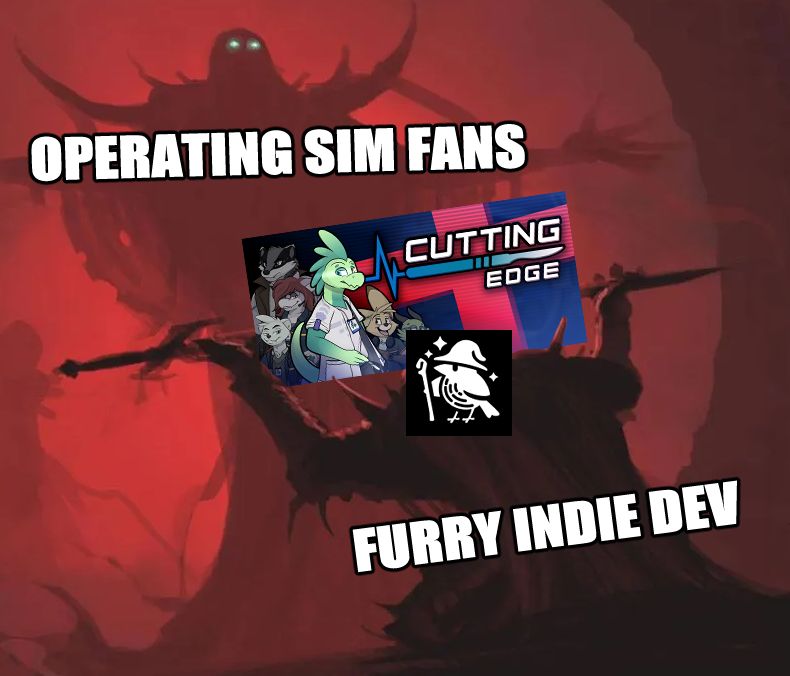 The "Master's Blessing" meme by artist Diana Franco of a knight kneeling and offering a sword to a spiritual entity. The knight is labeled "FURRY INDIE DEV" and has its studio logo on their head; the sword has capsule art from the "Cutting Edge" video game; and the entity is labeled "OPERATING SIM FANS".