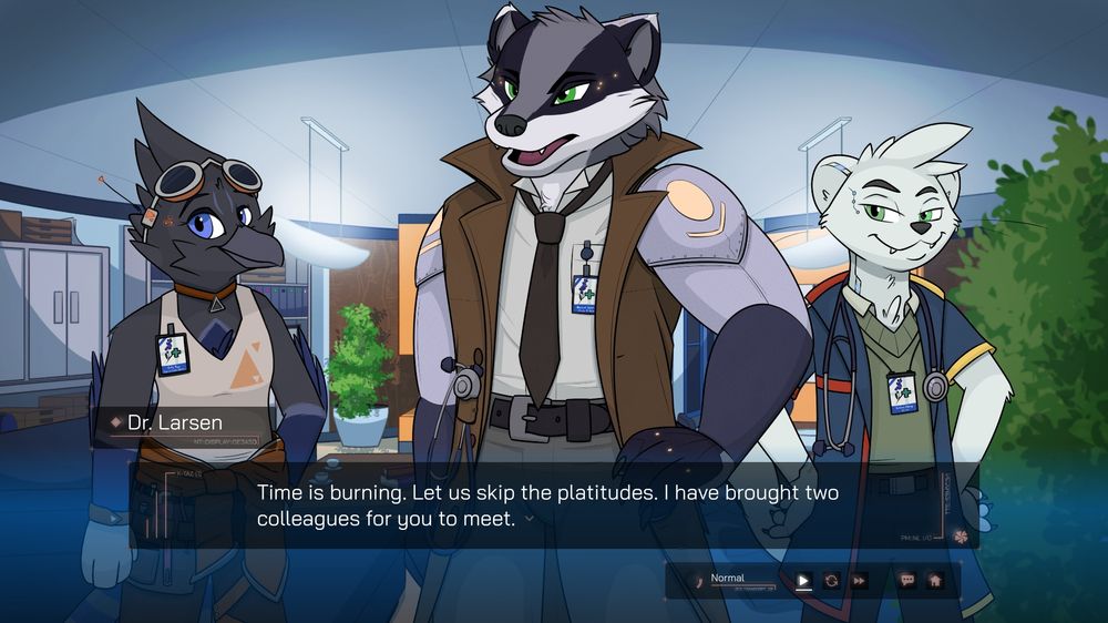 A screenshot of three characters, with the center stating, "Time is burning. Let us skip the platitudes. I have brought two colleagues for you to meet."