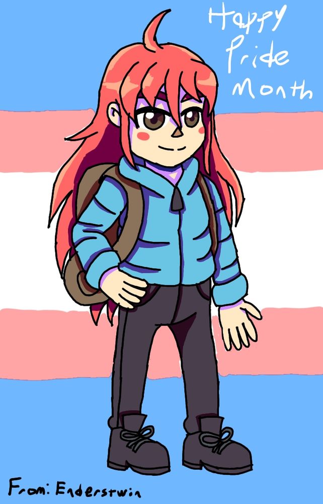 Madeline from Celeste with a trans pride flag in the background