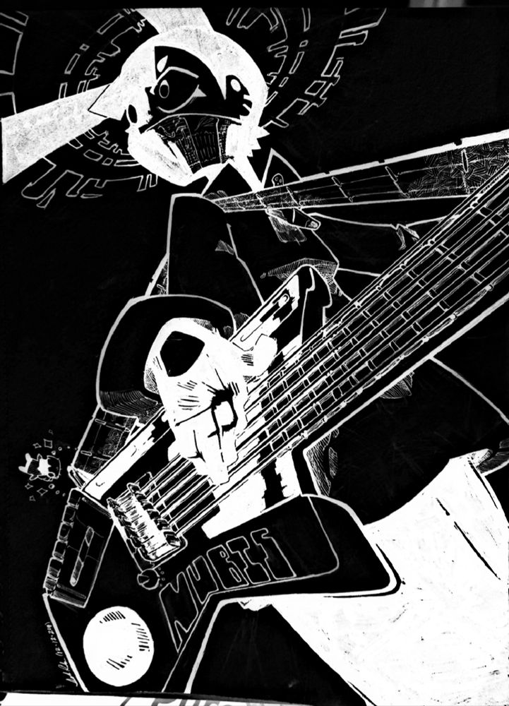 Tweaked and Inverted. Black and White art of my character Nubis. Tearing it up on the guitar. Presumably playing Supermassive Black Hole by Muse. Yeah.
