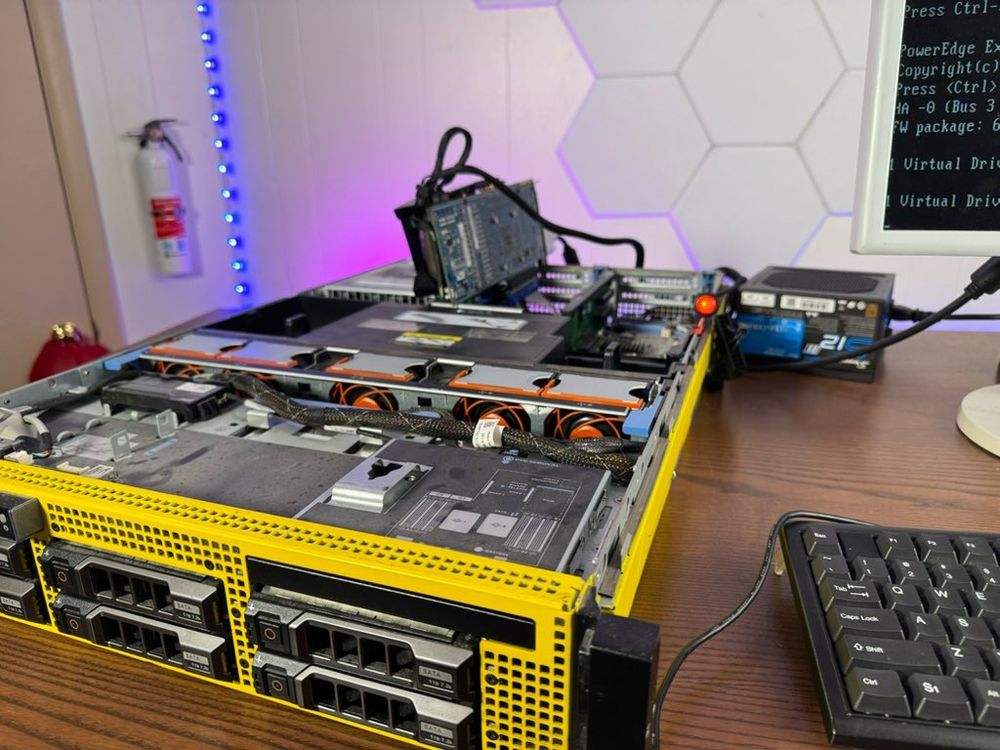 My Google Search Appliance rack server with a video card sticking out the top. The video card is separately powered by an external ATX power supply