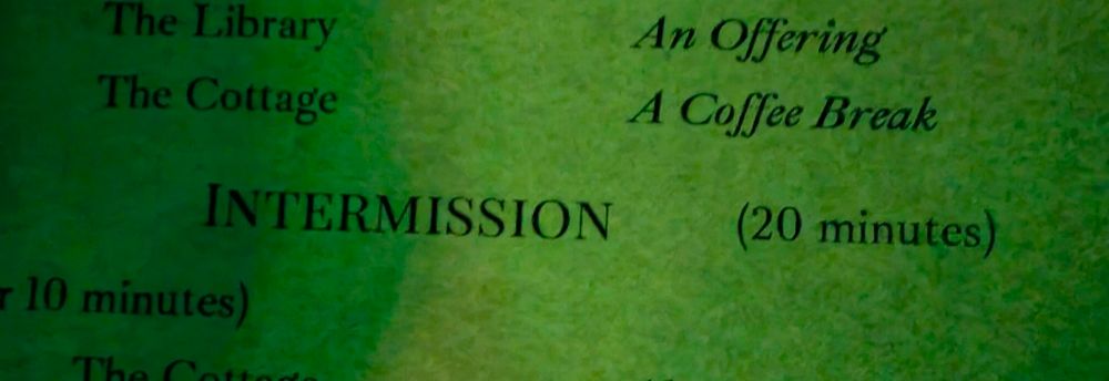 A theatre programme saying INTERMISSION (20 minutes)
