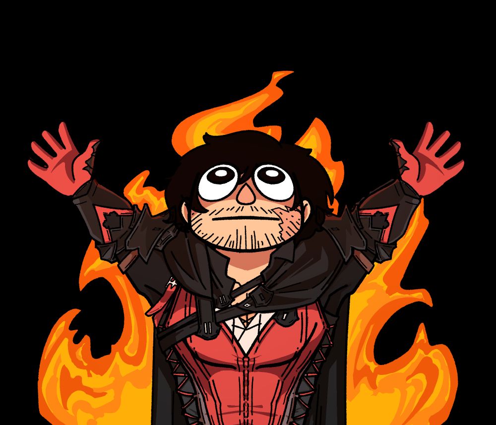 Clive Rosfield drawn like a muppet man, arms raised in the air big round eyes gazing upward as a fire burns behind him. 