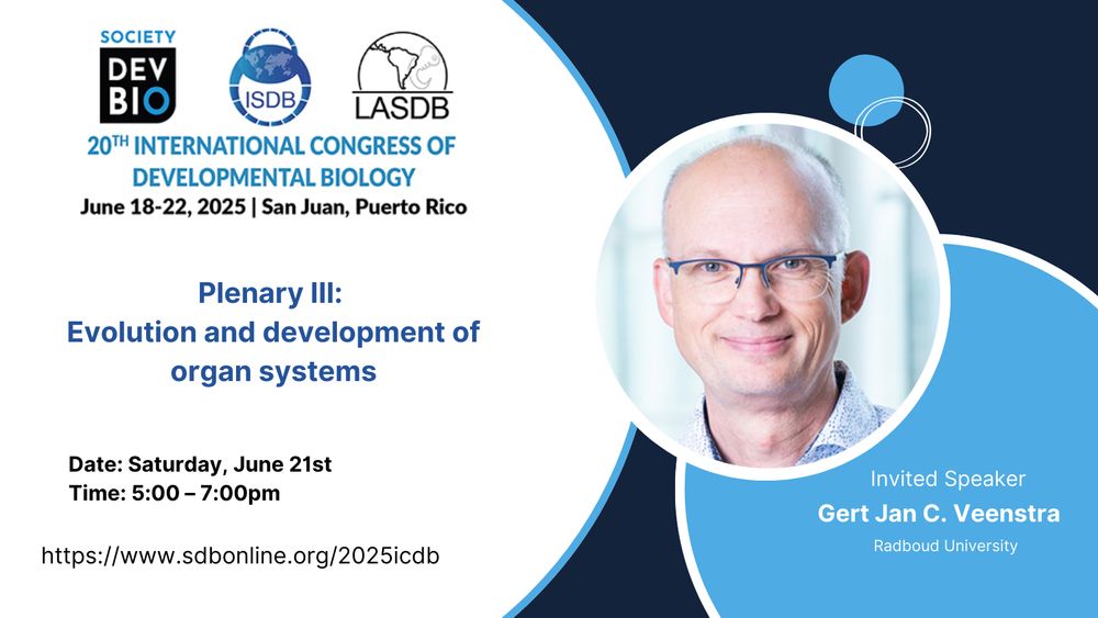 An announcement slide in white and blue colors, with Gert Jan's name, the SDB ISDB and LASDB logos and text that says Plenary 3: Evolution and Development of Organ Systems. Saturday, June 21st 5-7pm.
