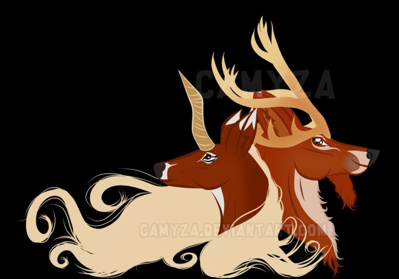 Artwork of two fantasy inspired deer that are red and blonde hair colored.