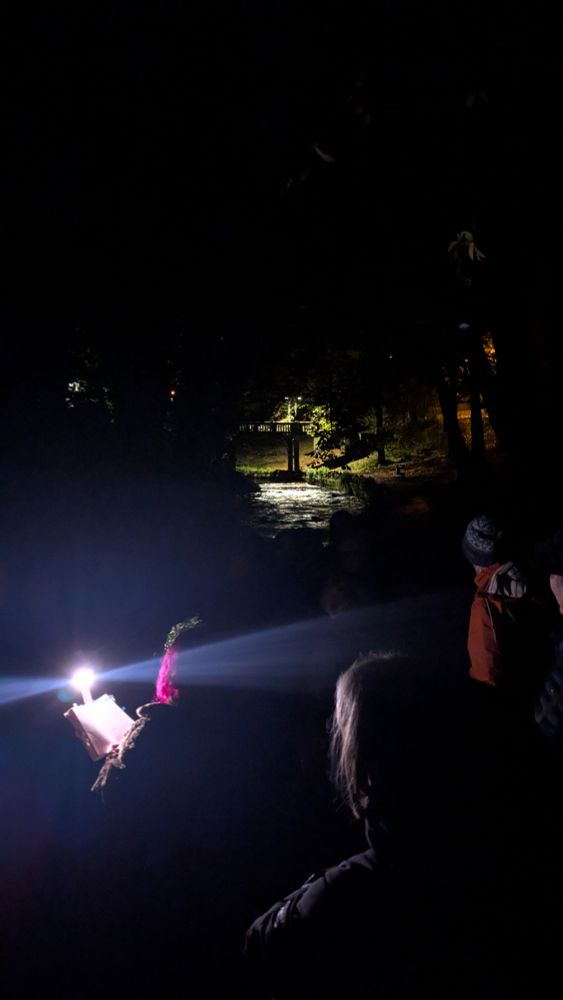 Morag illuminated by the light of her book torch,. reading to a crowd in the dark