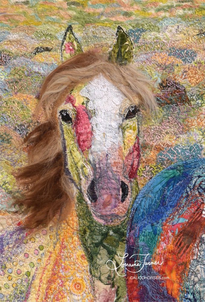 A textile illustration of a wild horses created with yellow, green, peach, gold, pink, lavender and white, red, blue and orange scraps of fabric and threads and a golden tan felted wool mane