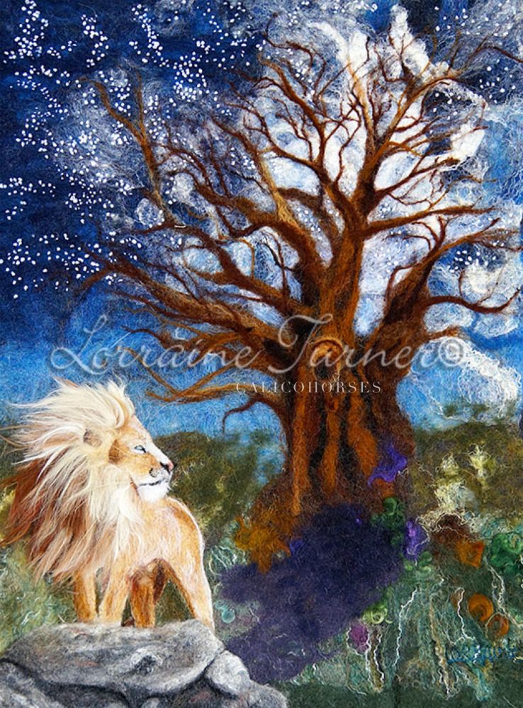 A textile illustration of a white, tan and cream lion standing in front of a brown, rust, orange and purple baobab tree against a blue sky with tiny white embroidered starts. The brush and shrubbery is green, lilac, sage, pink and gold 