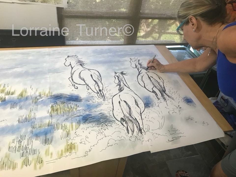 Three pen and ink horses galloping in water with washes of blue water and green grass. 