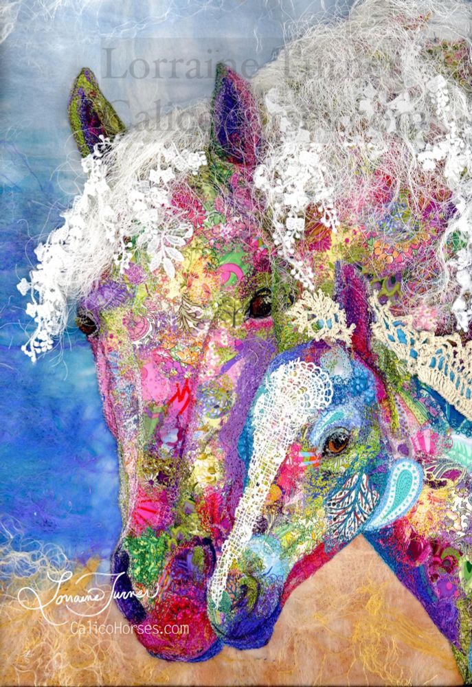 A textile illustration of a mare and foal created from scraps of pink, purple, lavender, orchid, green, yellow, teal, aqua, turquoise, blue, ivory and white fabrics against a blue sky and peach tan background 