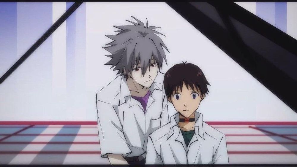 Shinji and kaworu from evangelion being a little fruity