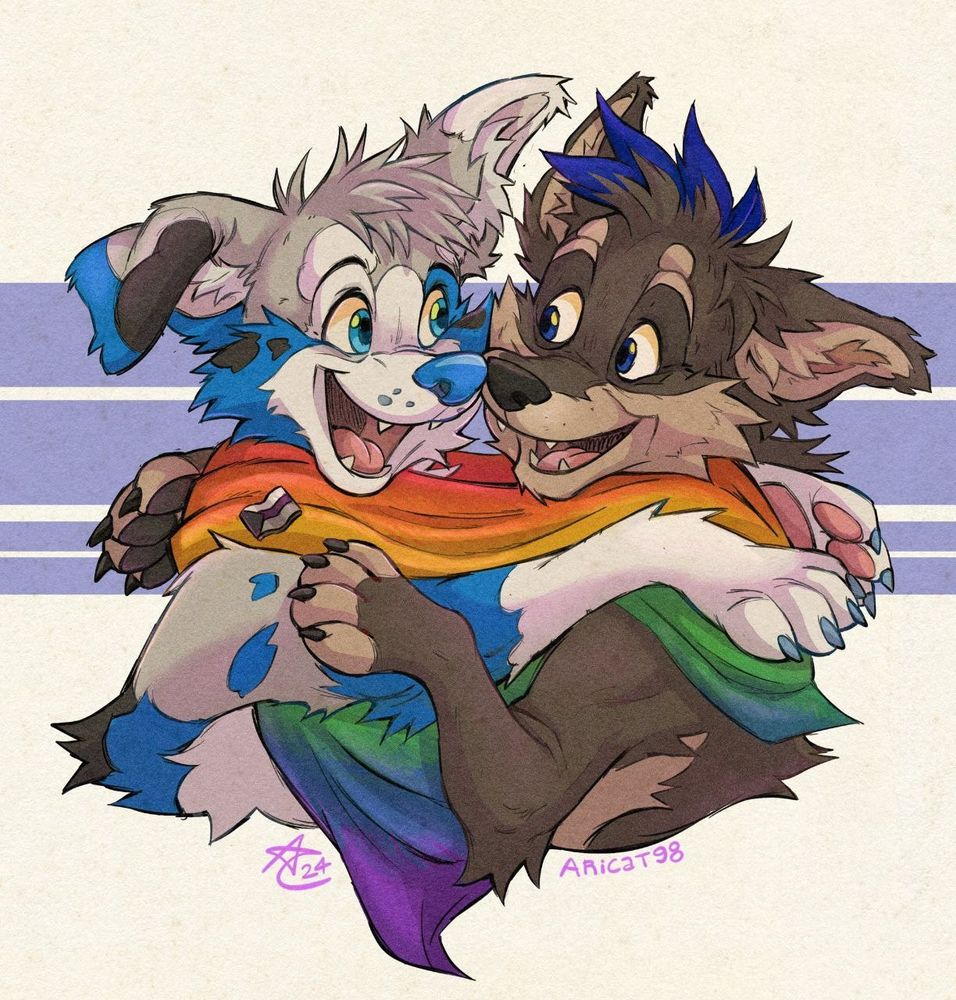 Anthropomorphic characters, Oddy and Lushy, hugging, wrapped in a Pride flag. Lushy has a demisexual flag pinned on his side of the flag.