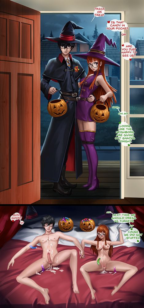 The image is a short collection where Joker and Futaba from Persona 5 are knocking on a door for trick or treat and then the result after a fun sexy night - wink wink -