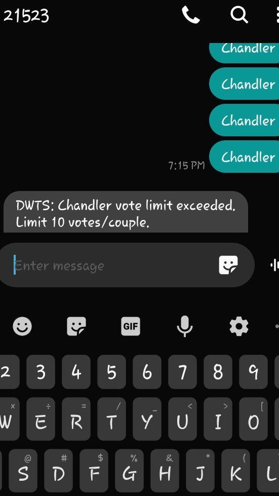 screenshot of a voting text for Dancing with the Stars