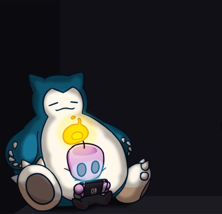 보라색 향초 인간 캐릭터가 포켓몬 잠만보 거대 인형에 기대어 닌텐도 스위치를 들고 게임을 하고 있다.