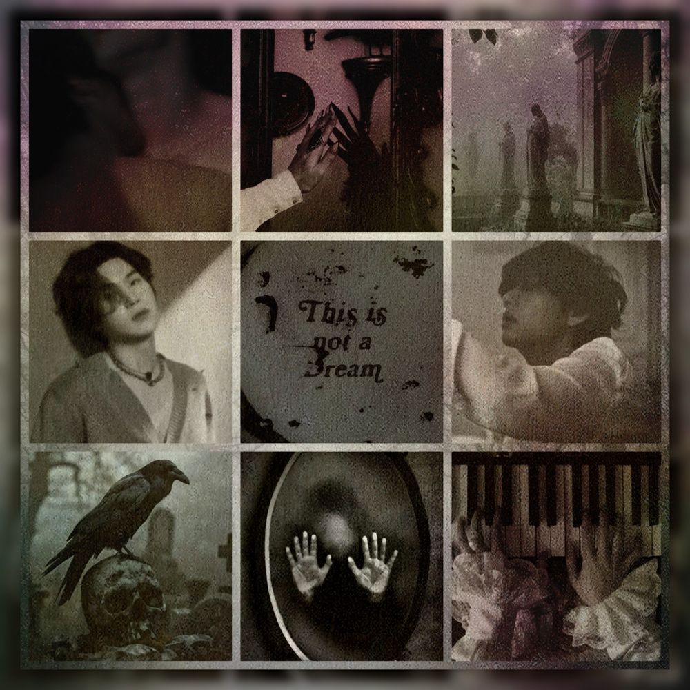 moodboard with a vintage feel and sepia tones featuring yoongi and taehyung, hands on a piano, a cemetery, a raven standing on a skull and more