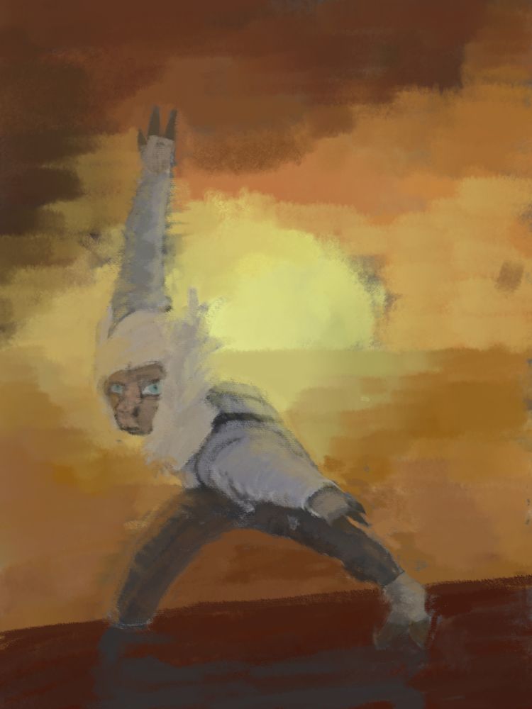 Shio, hitsuji's anthro alpaca OC, is doing a training pose (stretching legs and arms) on top of a red non-descript surface. Against her is the setting sun against an open sea.