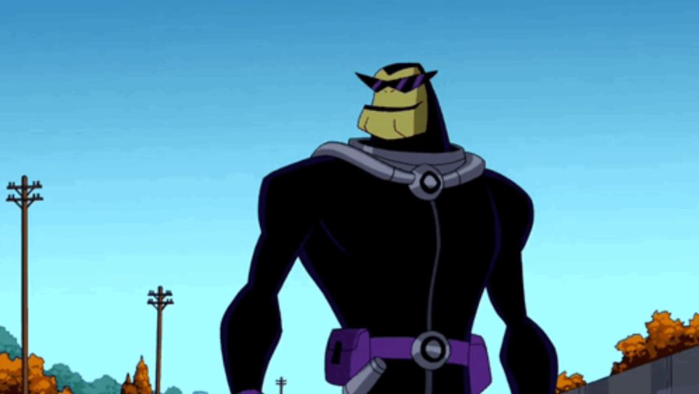 a cartoon character wearing sunglasses and a black suit with a purple belt