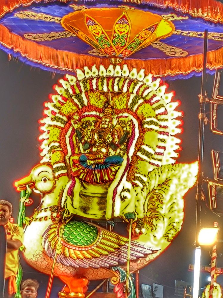 The goddess Parvati, known as Unnamalai Amman, adorned with extensive floral decorations and mounted on a large, decorated carrier (vahana) shaped like a peacock. Arunachaleswar Temple, Tiruvannamalai, Tamil Nadu, India.