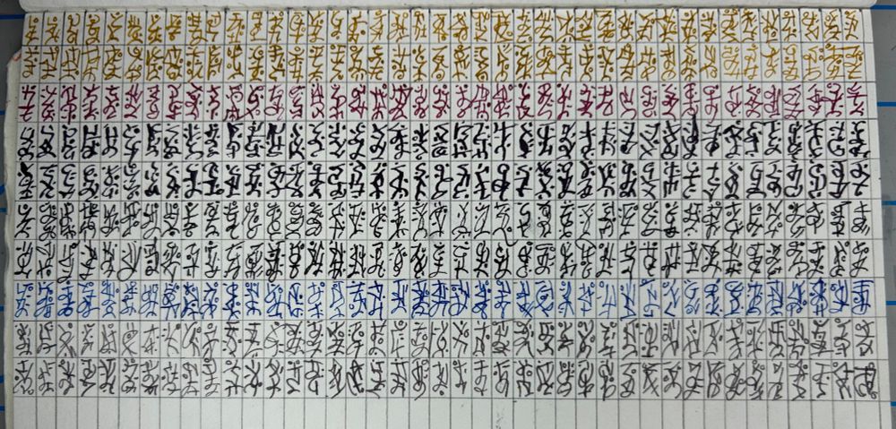 5.8” by 8.3" sketchbook open with a 5mm by 10 mm grid drawn on the page. Within lines 6-10 of the grid are newly drawn anemic runes. 