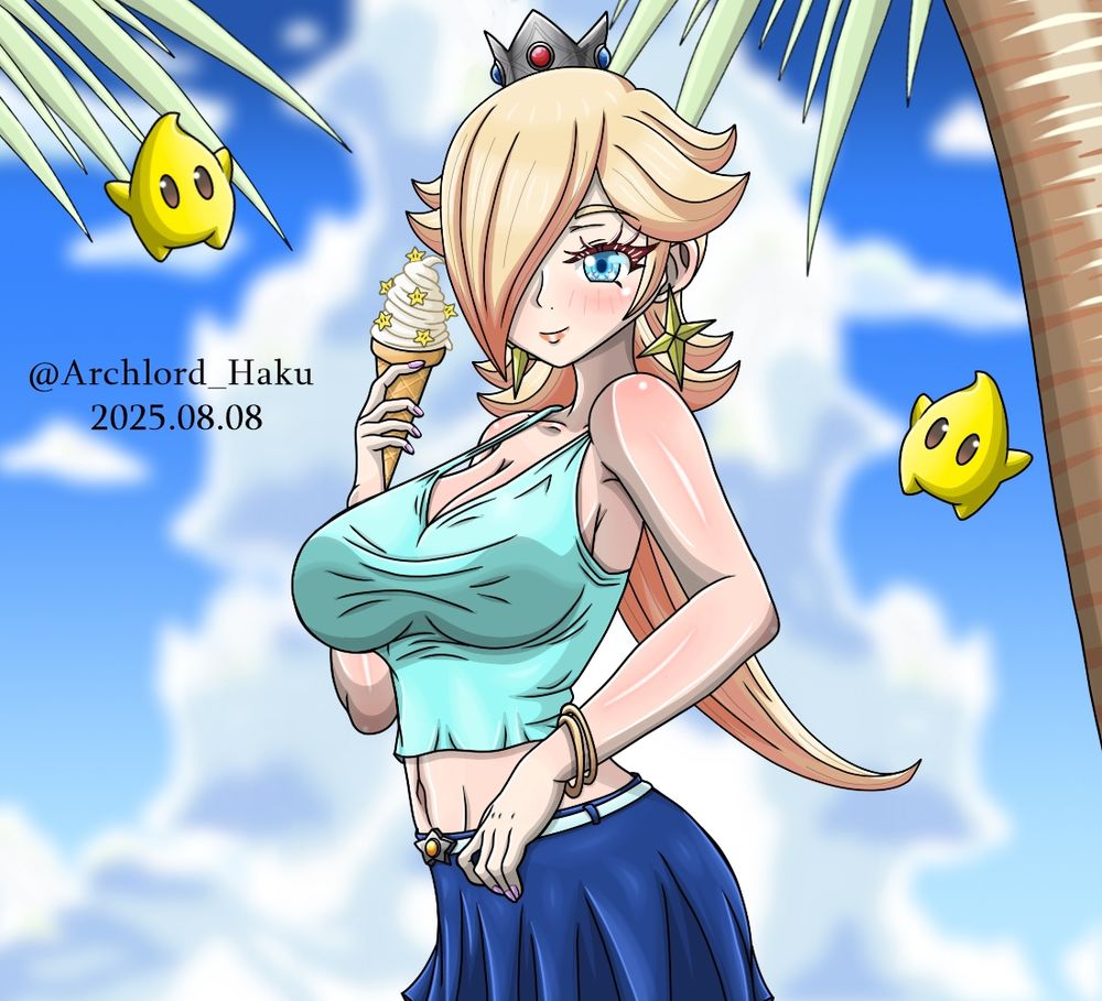 Rosalina from Super Mario Galaxy
She wears a short sleeveless top and a short skirt with a star-shaped belt buckle. 
In her right hand she holds an ice cream with Power Star sprinkles.
On her left arm she wears two gold bracelets.
Two Luma fly around her. In the background, a palm tree, palm leaves, and clouds can be seen. 